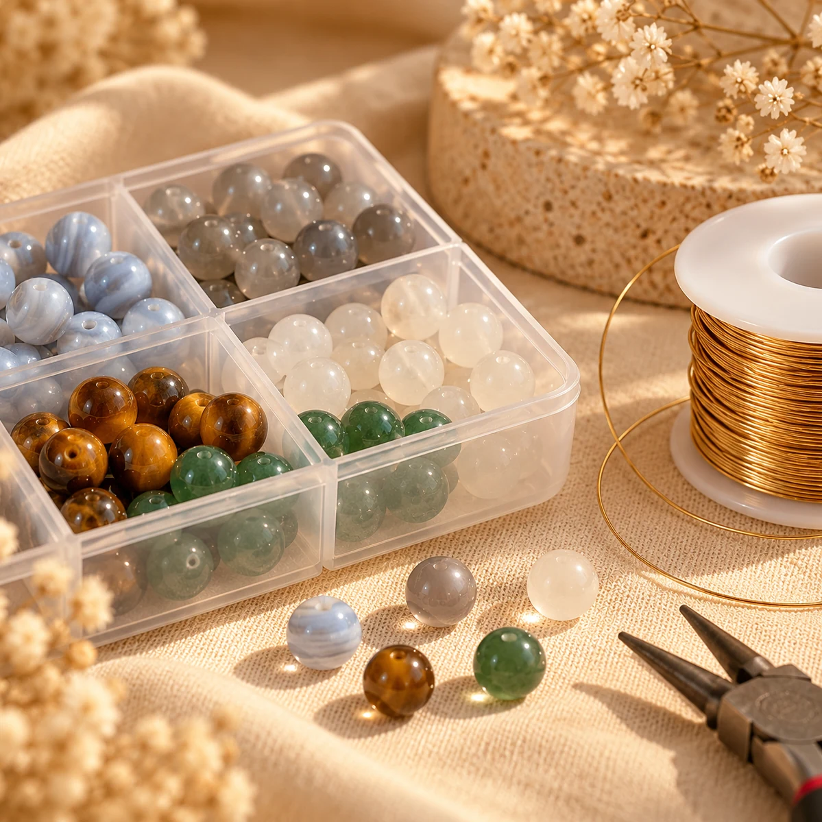 Organized colorful crystal beads and jewelry-making wire