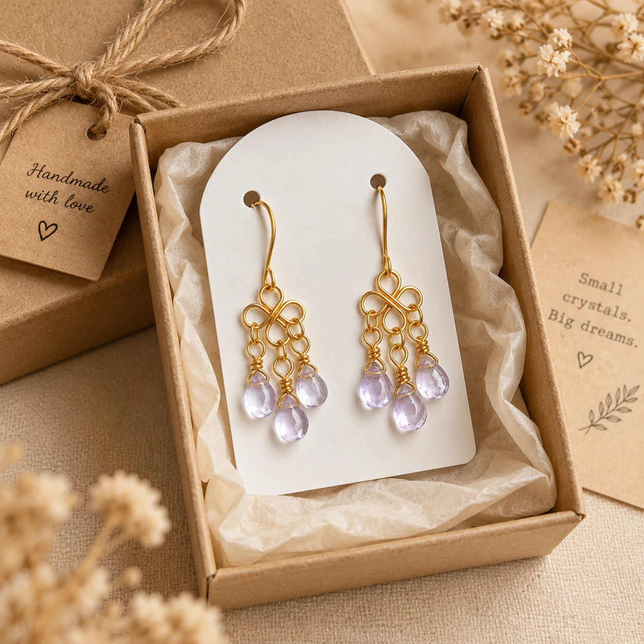 Handmade earrings presented in a kraft gift box